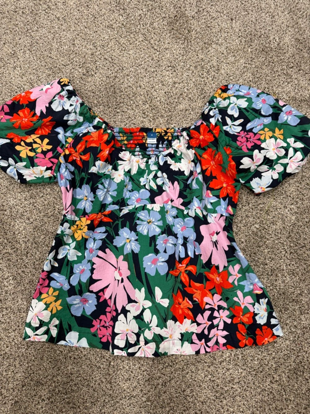 Old Navy Black Floral Puff-Sleeve Square Neck Top